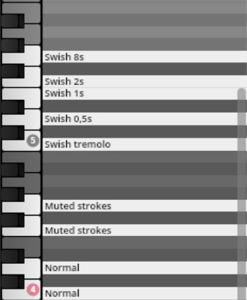 Screenshot of Synchron Percussion I user interface showing performance articulations like Swish 8s, Swish tremolo, Muted strokes, and Normal mapped to a keyboard in black and white.