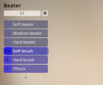 User interface showing beater type selections like soft beater, hard beater, soft brush, and hard brush for Synchron Percussion virtual instruments.