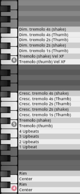 Musical keymap for Vienna Symphonic Library Synchron Percussion I, displaying tremolo, upbeat, rim, and center articulations with varying durations and techniques.