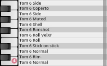 Musical notation interface showing various Tom 6 percussion articulations like Muted, Rimshot, Roll, and Normal, essential for Synchron Percussion I virtual instruments.