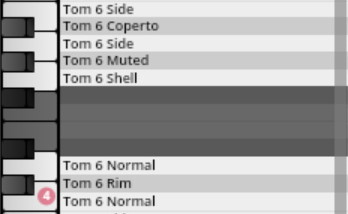 Vienna Symphonic Library Synchron Percussion I interface showing Tom 6 drum articulations like Side, Coperto, Muted, Shell, Normal, and Rim mapped to a piano roll.