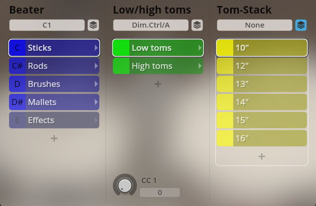 User interface for Synchron Percussion I, displaying Beater, Low/high toms, and Tom-Stack selection menus for Vienna Symphonic Library instruments.