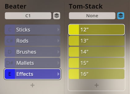 Synchron Percussion I user interface showing Beater and Tom-Stack controls with options like Sticks, Brushes, Mallets, and tom sizes 12 to 16 inches.