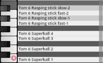 A screenshot of a digital audio workstation displaying multiple articulations for a Tom 6 drum, including rasping stick and superball techniques, demonstrating Vienna Synchron Percussion I instrument options.
