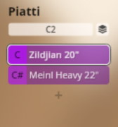 User interface showing Piatti (cymbals) selection: Zildjian 20 inch and Meinl Heavy 22 inch, for Vienna Symphonic Library Synchron Percussion I.