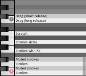 Vienna Symphonic Library Synchron Instruments interface showing percussion articulation options like drag, scratch, and strokes, mapped to piano keys 5 and 4.