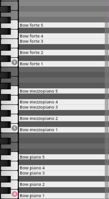 Vienna Symphonic Library Synchron Percussion I key sections: Bow forte, Bow mezzopiano, and Bow piano, with numbered variations representing dynamic levels for virtual instruments.