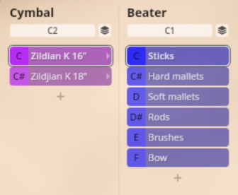 User interface showing options for selecting cymbal size (Zildjian K 16 inch, Zildjian K 18 inch) and beater type (Sticks, Hard mallets, Soft mallets, Rods, Brushes, Bow) for virtual percussion instruments.