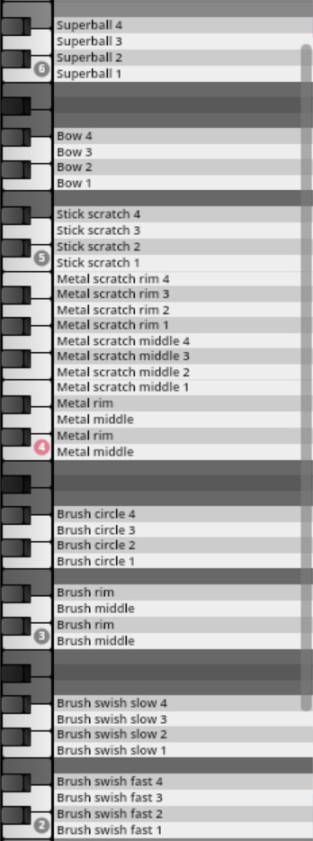 Visual representation of the Synchron Percussion I keymap within a digital audio workstation, displaying various articulations like Superball, Bow, Stick scratch, Metal scratch, and Brush swish mapped to corresponding piano keys for sound samples.