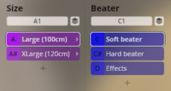 User interface depicting size and beater options for Vienna Symphonic Library Synchron Percussion I instruments, showing selections for Large (100cm) and XLarge (120cm) sizes, and Soft, Hard, and Effects beater types.