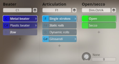 Vienna Synchron Percussion I virtual instrument interface showing Beater, Articulation, and Open/Secco control panels for sound customization.