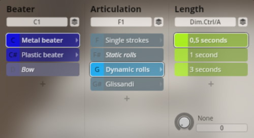User interface for Synchron Percussion I settings with Beater (Metal beater, Plastic beater, Bow), Articulation (Single strokes, Static rolls, Dynamic rolls, Glissandi), and Length (0.5, 1, 3 seconds) options for sound customization.