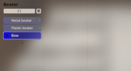 User interface menu from Vienna Synchron Percussion I showing selections for different beater types including Metal beater, Plastic beater, and Bow, with Bow currently highlighted.