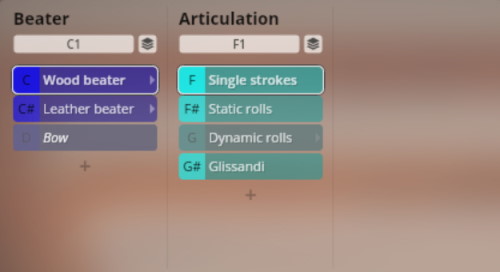 Vienna Synchron Instruments software interface showing Beater and Articulation selection options for percussion, including Wood beater, Leather beater, Bow, Single strokes, Static rolls, Dynamic rolls, and Glissandi.