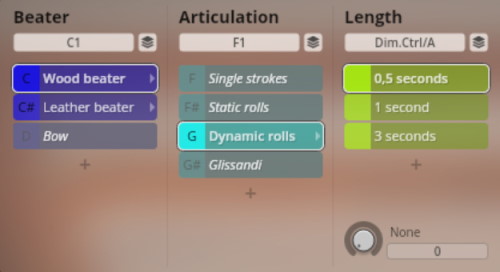 Vienna Symphonic Library Synchron Percussion I user interface showing Beater, Articulation, and Length module options including wood beater, dynamic rolls, and 0.5 second duration.