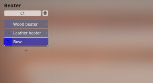 A screenshot of the Vienna Symphonic Library Synchron Percussion I user interface showing the Beater selection menu, with Bow highlighted as an instrument option.