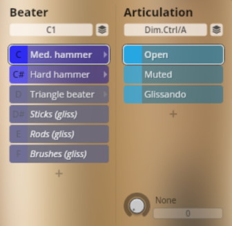 Vienna Symphonic Library Synchron Percussion I user interface showing selectable beater types like medium hammer, hard hammer, triangle beater, sticks, rods, brushes, and articulation options including open, muted, and glissando.