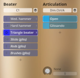 Screenshot of Vienna Symphonic Library Synchron Percussion I user interface showing Beater and Articulation selection options, with Triangle beater and Open selected.