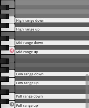 Vienna Synchron Percussion I key range selection interface showing options like high, mid, low, and full range with up and down adjustments for instrument sound control.