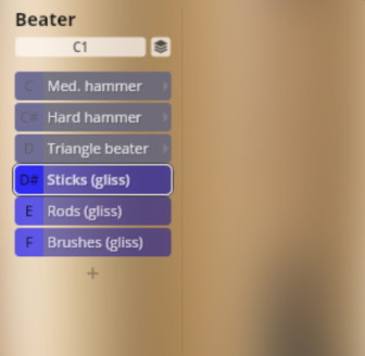 Vienna Symphonic Library Synchron Percussion I beater selection interface, showing options like Med. hammer, Hard hammer, Triangle beater, Sticks (gliss), Rods (gliss), and Brushes (gliss).