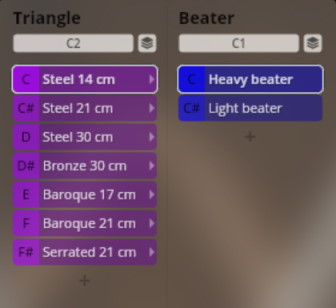 User interface showing Triangle instrument sound options and Beater selection for Vienna Synchron Percussion library.