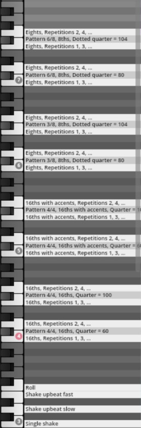 Musical articulation and rhythm patterns in Vienna Symphonic Library Synchron Percussion I, featuring patterns like Eights, 16ths with accents, Roll, and Shake.