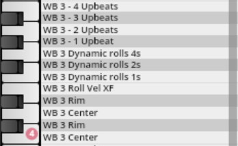 Vienna Symphonic Library Synchron Percussion I user interface showing a list of percussion articulation options like upbeats, dynamic rolls, rim, and center, mapped to a virtual piano keyboard.