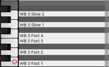Vienna Synchron Percussion I sample library interface, showing slow and fast articulation options for WB 3 instruments, with piano roll keys.