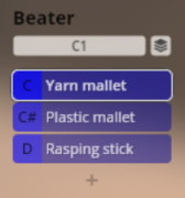 Synchron Percussion I Beater selection interface showing yarn mallet, plastic mallet, and rasping stick options.