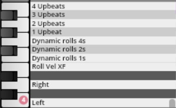 User interface showing control options for Synchron Percussion I, featuring selectable upbeats, dynamic rolls, and roll velocity crossfade settings, with piano keys on the left.
