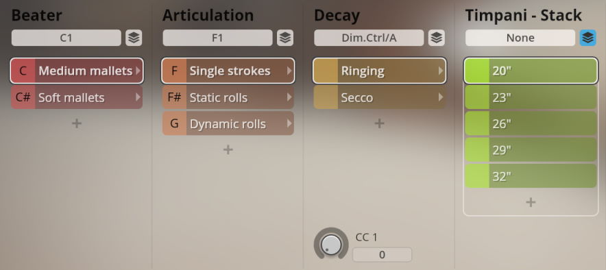 User interface from Synchron Percussion II displaying options for timpani sound parameters including beater type (medium, soft mallets), articulation (single strokes, static/dynamic rolls), decay (ringing, secco), and timpani stack sizes (20, 23, 26, 29, 32).
