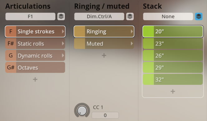 Synchron Percussion II user interface showing Articulations, Ringing/muted, and Stack options for instrument sound control.