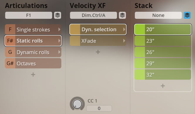 Vienna Symphonic Library Synchron Percussion II software interface showing Articulations, Velocity XF, and Stack settings for percussion instruments.