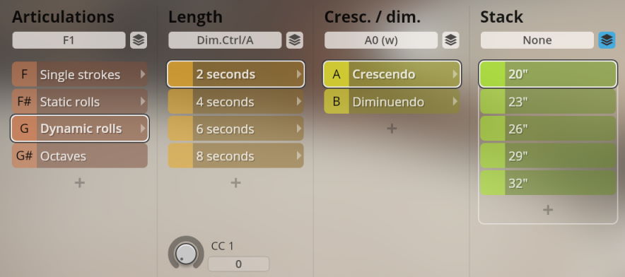 User interface displaying Articulations, Length, Crescendo/Diminuendo, and Stack settings for Vienna Synchron Percussion II, highlighting Dynamic Rolls, 2-second length, and Crescendo.