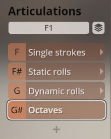 User interface display showing Articulations with options for Single strokes, Static rolls, Dynamic rolls, and Octaves labeled F, F#, G, and G# respectively, for Synchron Percussion II instrument settings.