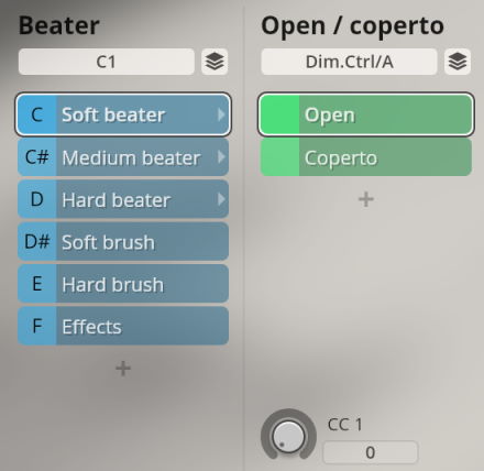 Vienna Symphonic Library Synchron Percussion II instrument beater and articulation selection interface showing options like soft beater, hard brush, open, and coperto.