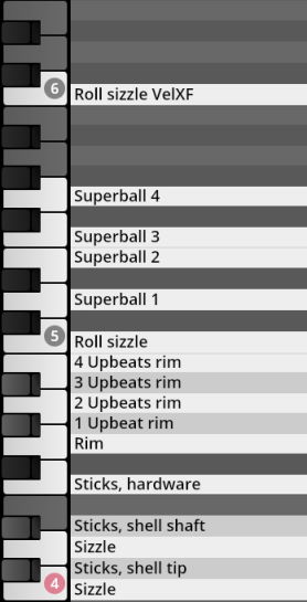 Vienna Symphonic Library Synchron Percussion II instrument mapping with percussion sound categories like Superball, Roll Sizzle, Rim, and Sticks displayed alongside a virtual keyboard.