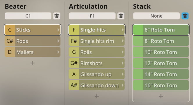 Graphical interface showing options for Beater Sticks, Rods, Mallets; Articulation Single hits, Rolls, Rimshots, Glissando; and Stack 6, 8, 10, 12, 14, 16 inch Roto Tom sizes, part of the Vienna Symphonic Library Synchron Percussion II instrument settings.
