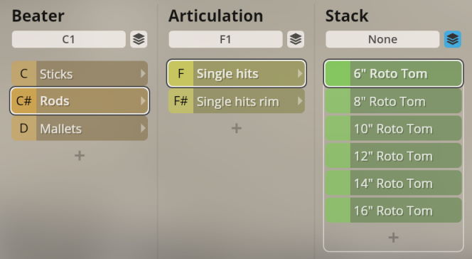 User interface for Vienna Symphonic Library Synchron Percussion II with selections for percussion instrument sound settings. The Beater column shows Rods selected, Articulation shows Single hits selected, and Stack lists Roto Toms from 6 to 16 inches, with 6 inch Roto Tom highlighted.