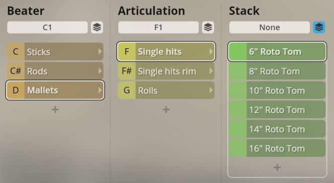 User interface showing options for Synchron Percussion II: Beater type (Sticks, Rods, Mallets), Articulation (Single hits, Single hits rim, Rolls), and Stack (Roto Tom sizes 6 to 16).