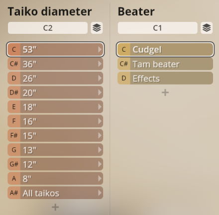 Synchron Percussion II user interface showing dropdown menus for Taiko diameter settings from 8 to 53 inches and Beater types including Cudgel and Tam beater.