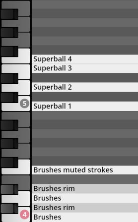 Screenshot of Vienna Symphonic Library Synchron Percussion II instrument options, showing Superball 1-4 and Brushes articulations including muted strokes, rim, and brushes.