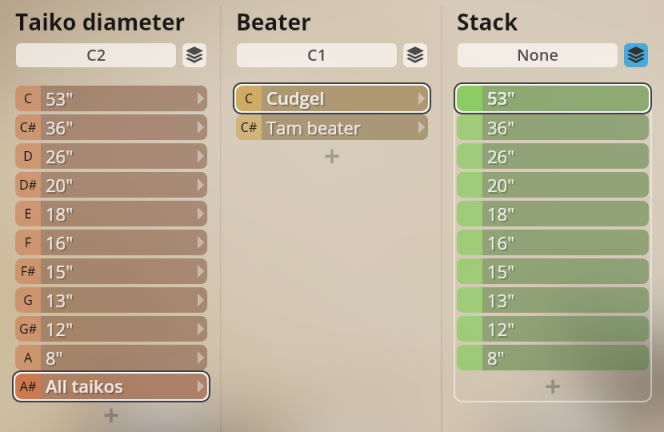 User interface for adjusting Taiko diameter, beater type (Cudgel, Tam), and stack options for Synchron Percussion II virtual instruments.