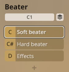 Software interface showing Beater selection options, including Soft beater, Hard beater, and Effects for Synchron Percussion II instrument sound customization.