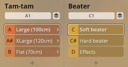 Synchron Percussion II instrument selection interface showing Tam-tam size options including Large 100cm, XLarge 120cm, Flat 70cm, and Beater type options including Soft Beater, Hard Beater, and Effects.