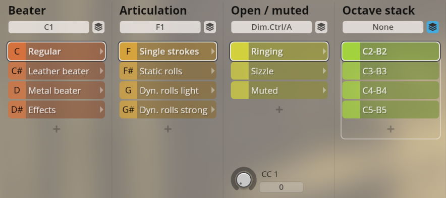 Synchron Percussion II instrument settings showing options for beater type, articulation, open/muted sounds, and octave stacking for virtual orchestra sound design.