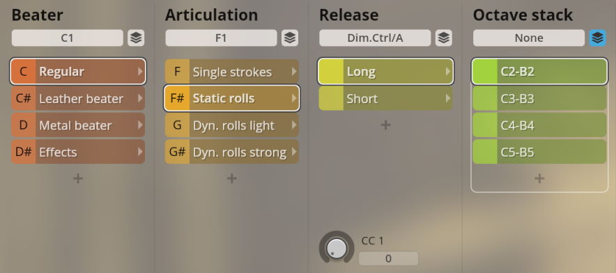 Vienna Symphonic Library Synchron Instruments user interface showing adjustable parameters for Beater, Articulation, Release, and Octave stack.
