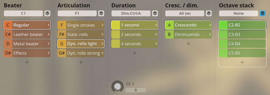 Synchron Percussion II instrument interface showing options for beater type (Regular, Leather, Metal, Effects), articulation (Single strokes, Static rolls, Dynamic rolls light/strong), duration (1, 2, 4 seconds), crescendo/diminuendo, and octave stack (C2-B2, C3-B3, C4-B4, C5-B5).