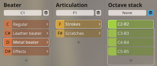 Software interface showing options for Synchron Percussion II: Beater type including metal beater, Articulation as strokes or scratches, and Octave stack settings from C2-B2 to C5-B5.