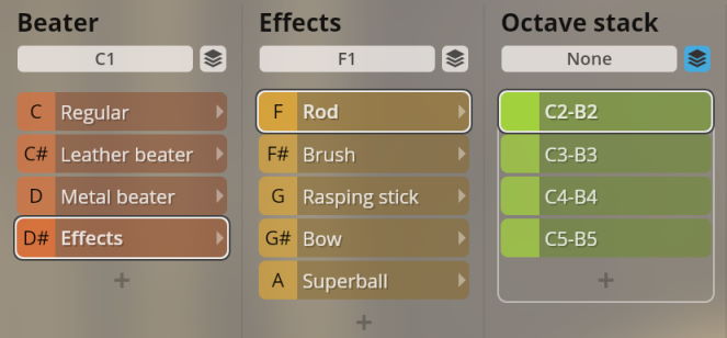 Synchron Percussion II instrument options for beater type, effects, and octave stacking, including Regular, Leather beater, Metal beater, Rod, Brush, Rasper stick, Bow, Superball, and octave ranges C2-B2 through C5-B5.